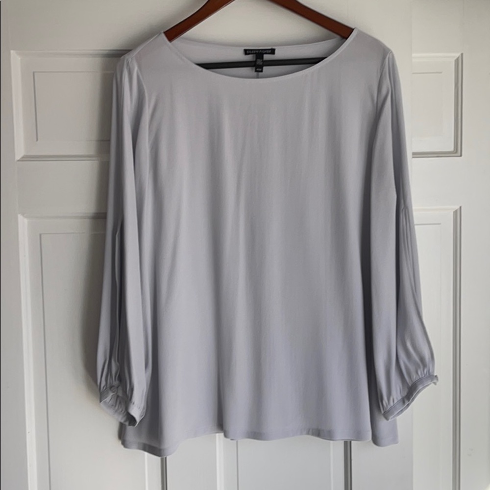 Eileen Fisher grey blue 100% silk blouse sz M